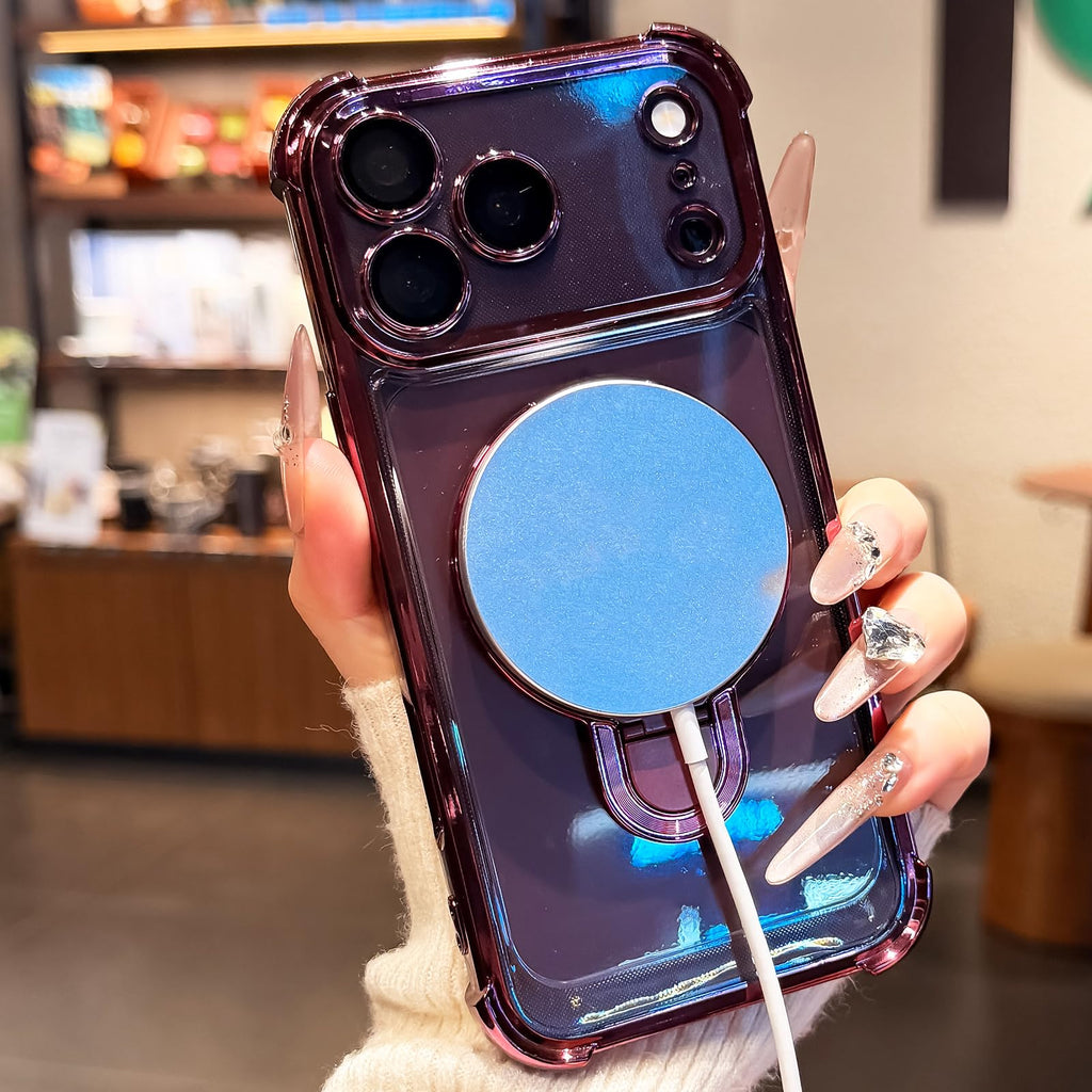 Electroplated Clear iPhone Case, Built-in Magnetic Kickstand, Anti-Yellow Shockproof Case Works with MagSafe