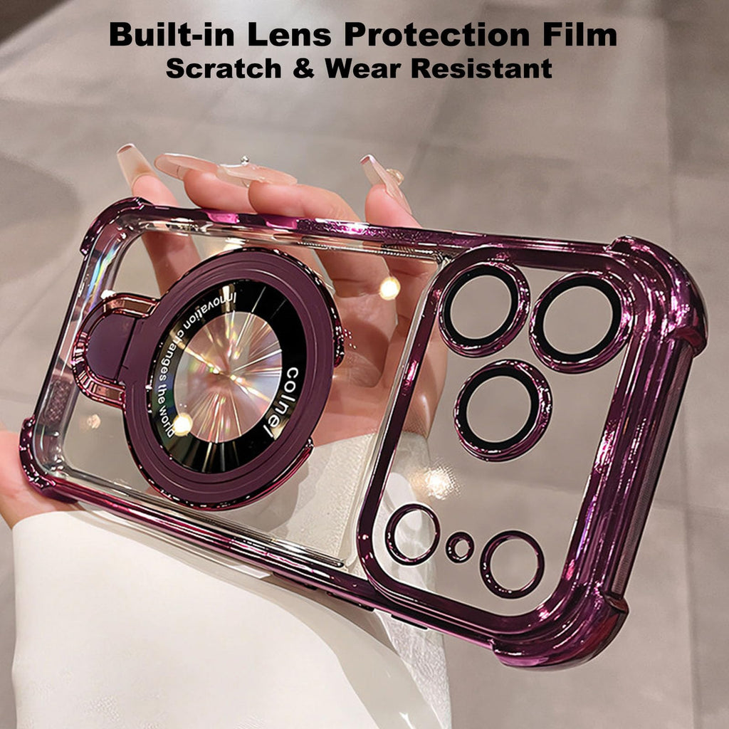 Electroplated Clear iPhone Case, Built-in Magnetic Kickstand, Anti-Yellow Shockproof Case Works with MagSafe