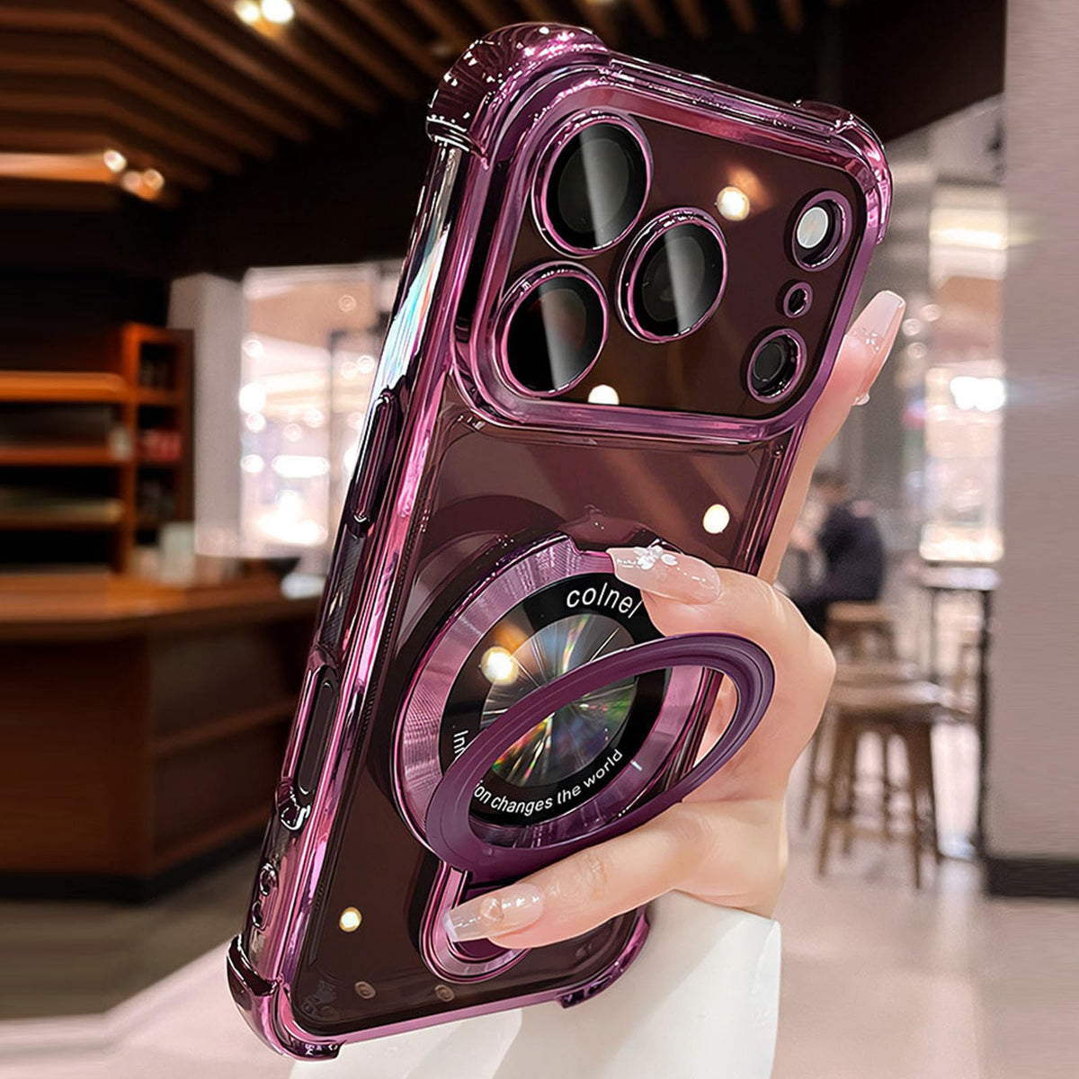 Electroplated Clear iPhone Case, Built-in Magnetic Kickstand, Anti-Yellow Shockproof Case Works with MagSafe