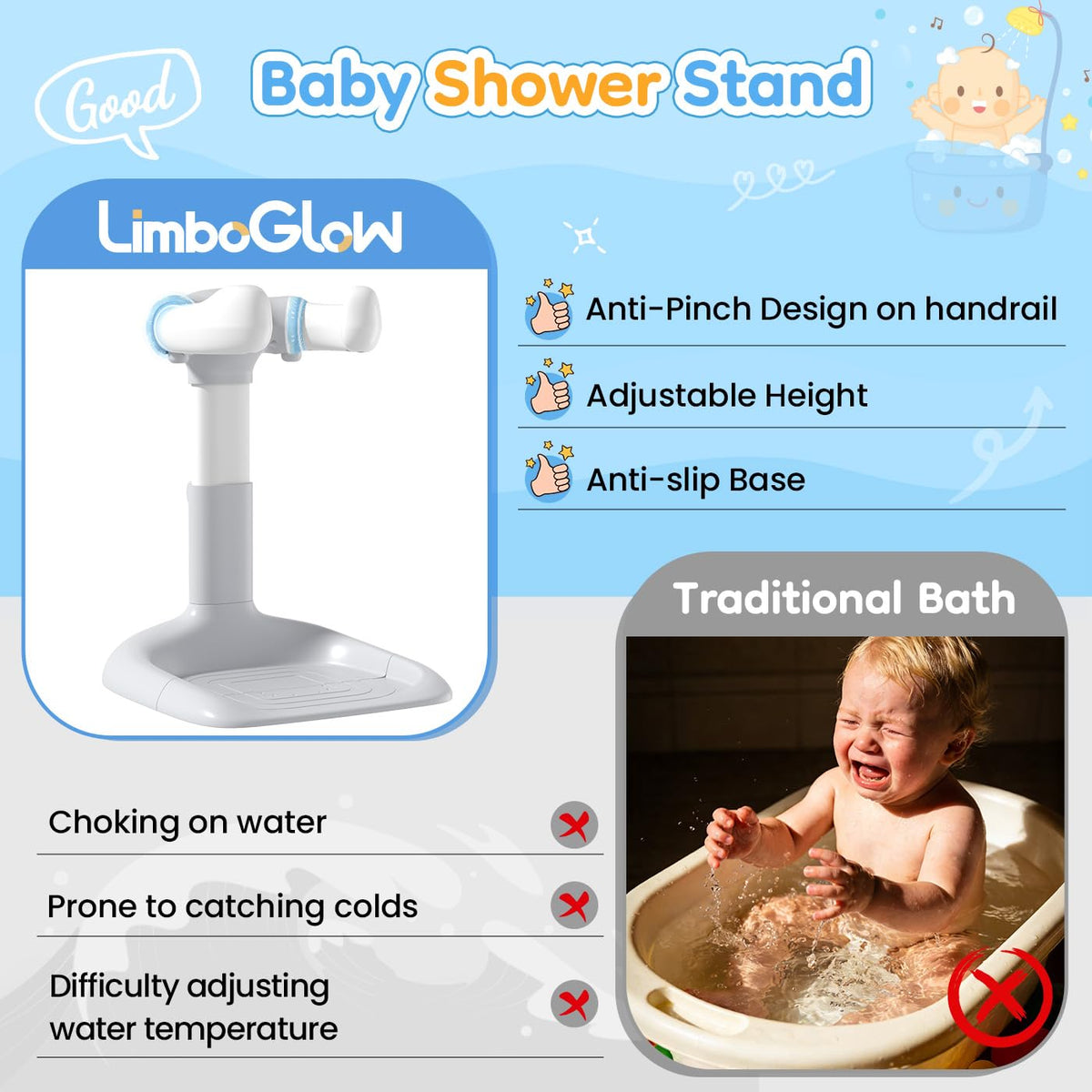 Baby Shower Assist Holder with Anti-Pinch Silicone & Anti-Slip Base for Toddlers 6–36 Months