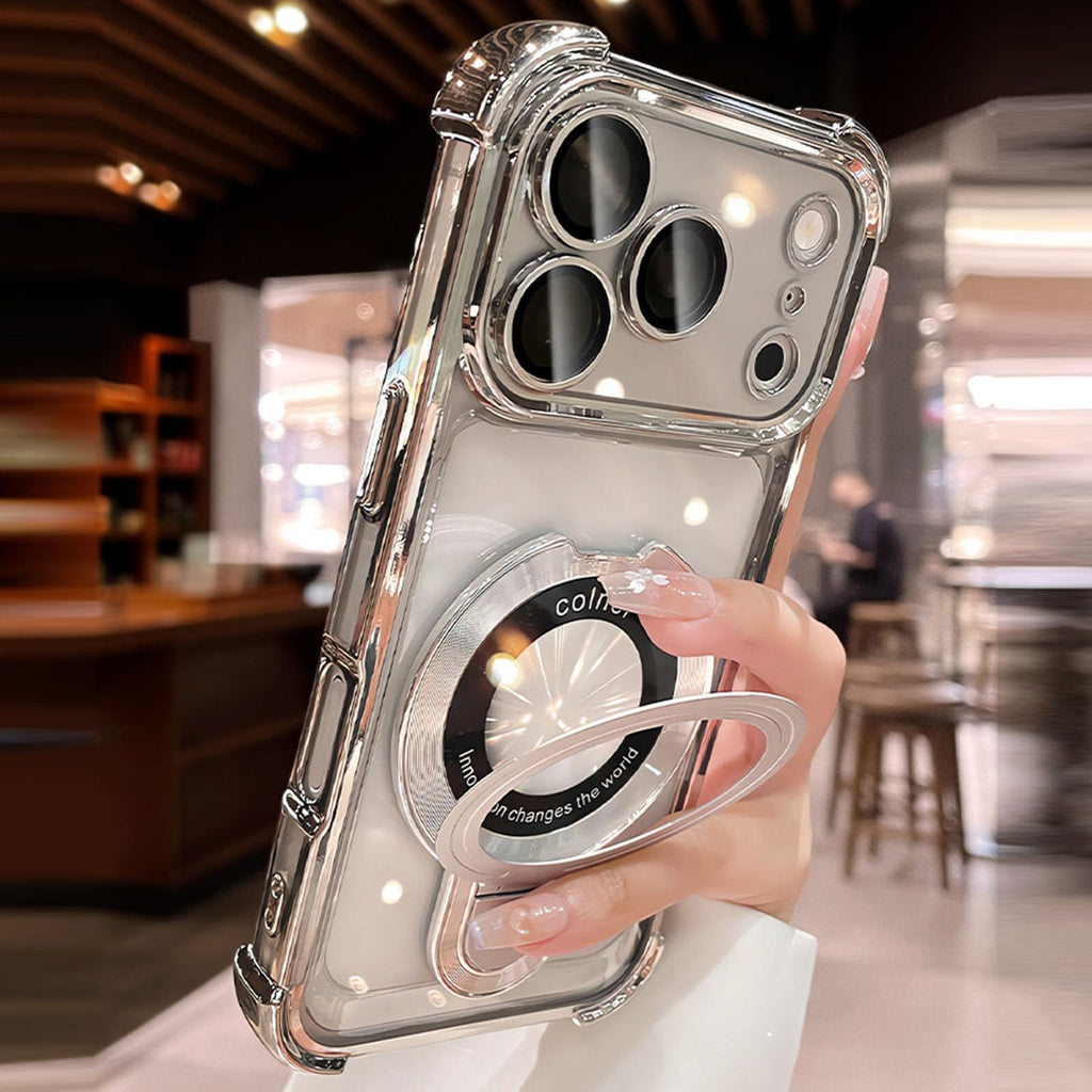 Electroplated Clear iPhone Case, Built-in Magnetic Kickstand, Anti-Yellow Shockproof Case Works with MagSafe